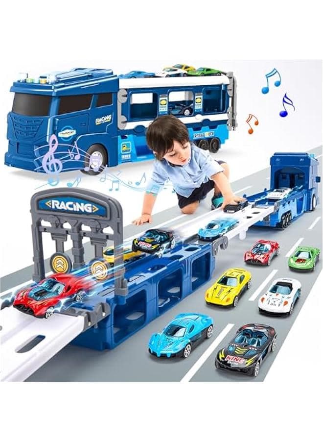 Toys for 2 Year Old Boy Birthday Gift - 2 in 1 Car Carrier Transforms into Race Tracks with Dual Launcher Toys for Ages 2-4 Boys - 2-5 Year Old Boy Birthday Gift