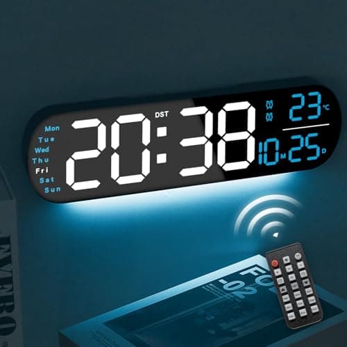 YUANRANER Plastic 13.7" Digital Wall Clock Large Display with Remote Control,Dual Alarm,Auto-Dimming,Big Digits, DST Clock for Bedroom Living Room Decor with 9 Adjustable Ambient Night Lights-Blue