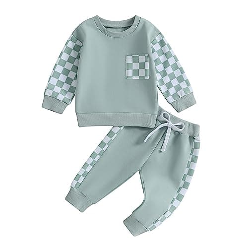 Toddler Baby Boy Fall Outfit Checkerboard Patchwork Long Sleeve Sweatshirts Elastic Waist Pants Cute Newborn Clothes Set (Color Green, 12-18 Months)