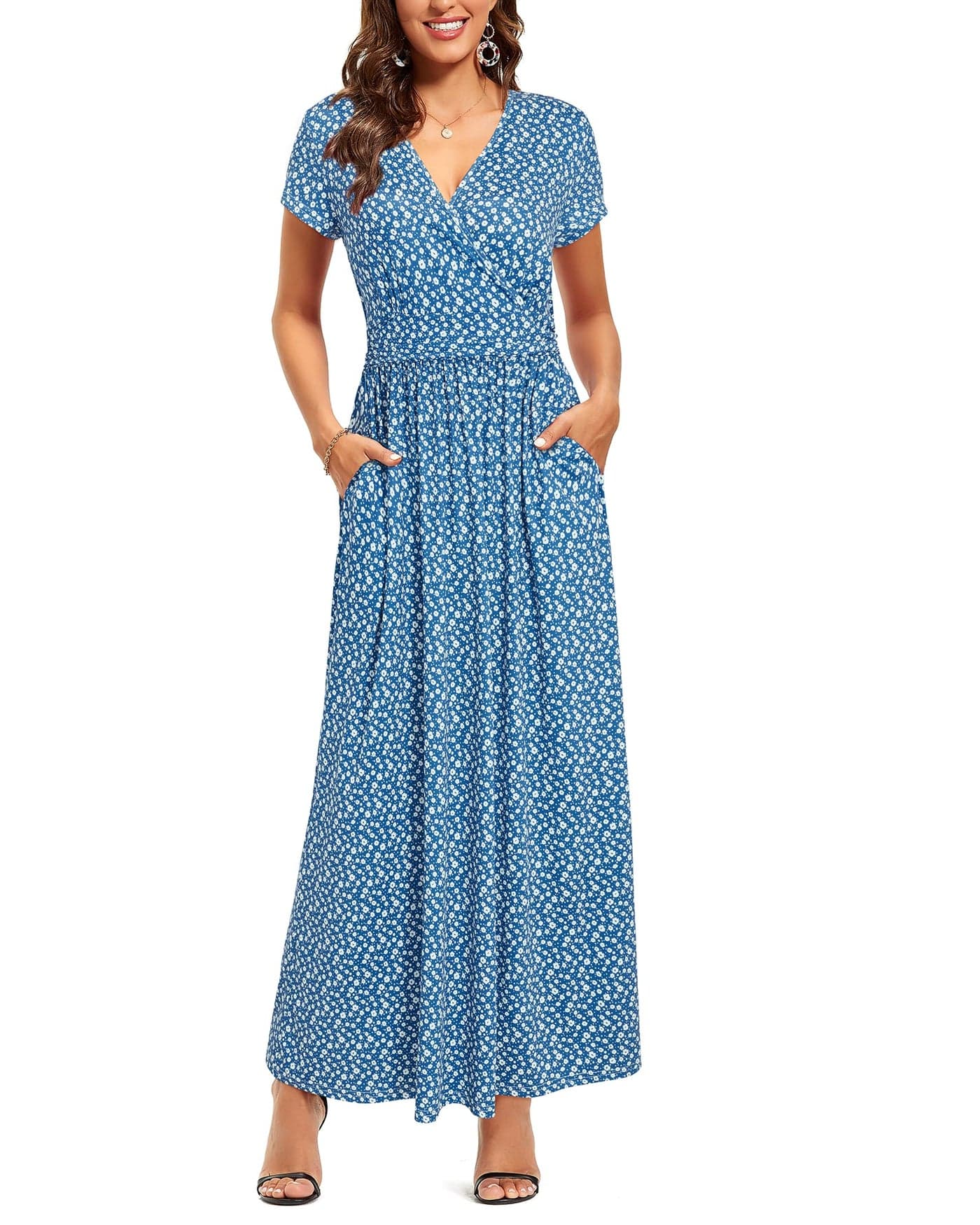 OUGES Women's V-Neck Pattern Pocket Maxi Long Matenity Dress for Baby Shower(Floral-51,L)