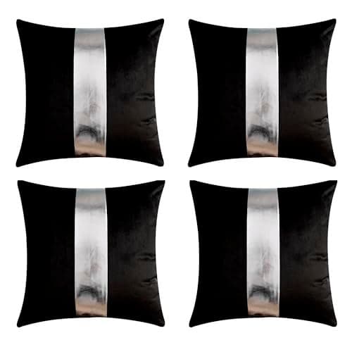 Gyulin Pack of 4,18x18 Inch Velvet Throw Pillow Covers with Silver Leather Striped Patchwork Stitching Modern Minimalist Square Pillowcase Cushion Covers for Bedroom Sofa Couch Living Room,Black