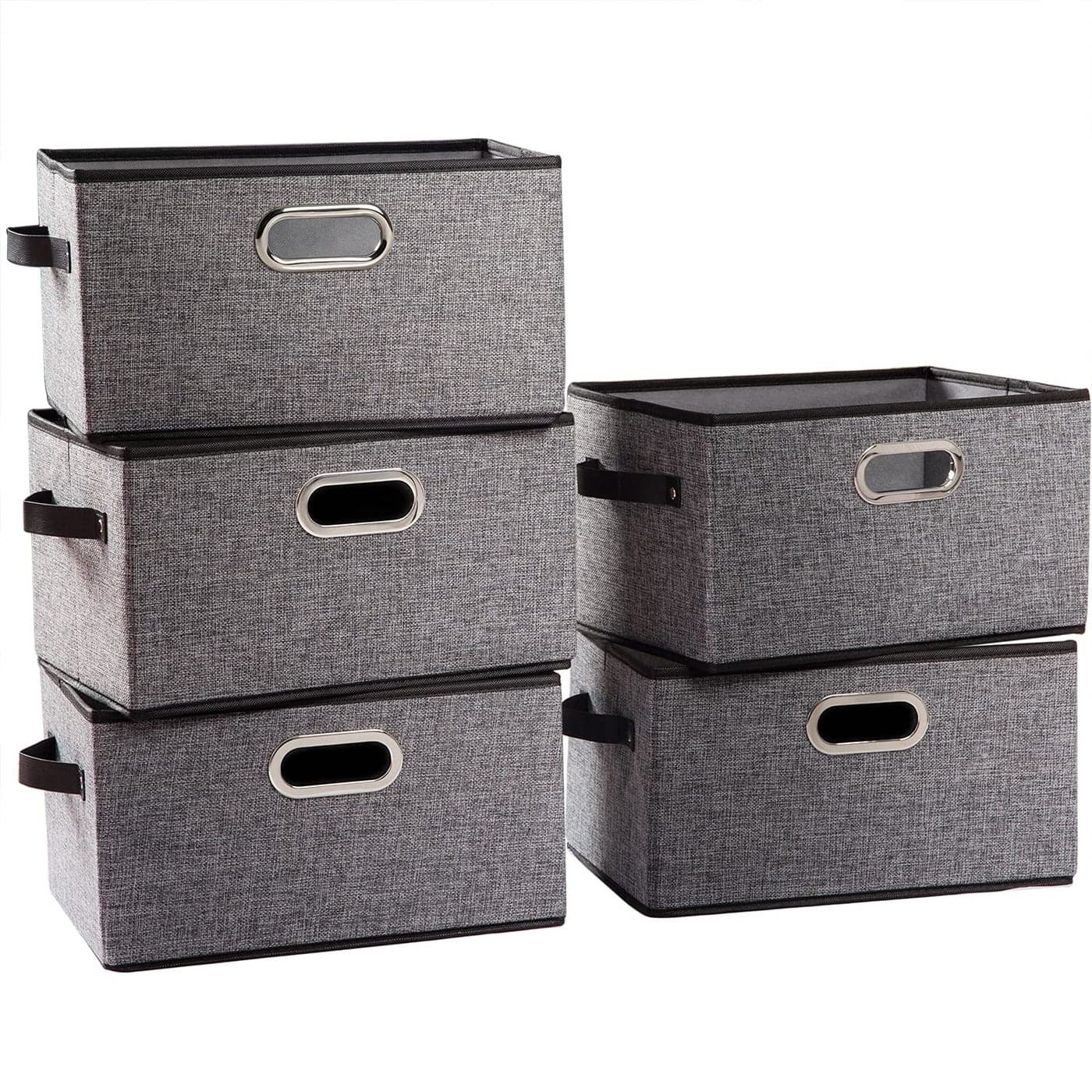 PRANDOM Fodable Storage Baskets for Closet 5Pack Decorative Fabric Storage Bins Cubes with LeatherMetal Handles for Shelves Bedroom Living Room Grey 115x85x67 Inch