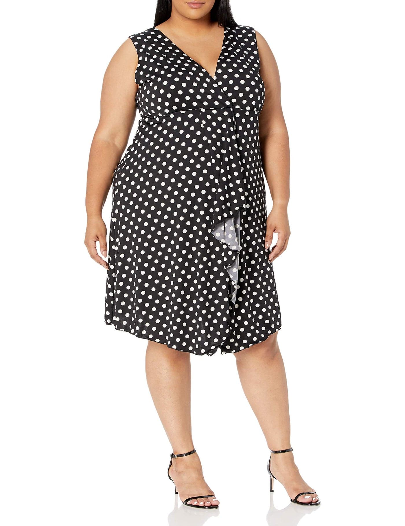 Star Vixen Women's Sleeveless Surplice Empire Waist Bodice Cascade Tulip Wrap Skirt Short Ity Dress, Black White Dot, Large