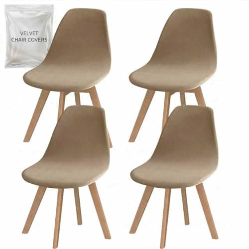 SONNACH Pack of 4 Velvet Mid Century Modern Dining Chair Covers, Armless Chair Cover,Living Room Side Chair Slipcovers (Khaki)