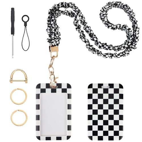 Scrunchie Lanyard Breakaway with ID Badge Holder - Grid Style Stretchy Lanyards with ID Badges and Key Rings Set, Ideal for Birthday, Teams Staff Teachers Nurse Gifts