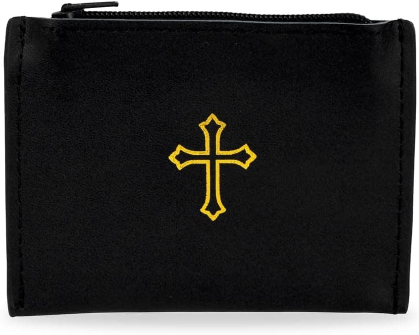 Black Genuine Leather Rosary Pouch Gold Cross Imprint straight Design with zipper