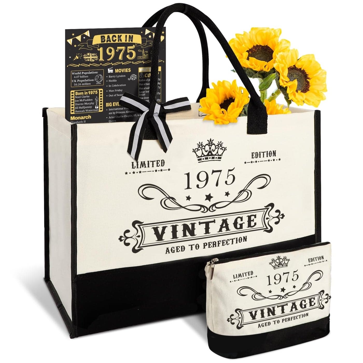50th Birthday Gifts for Women Canvas Tote Bag Travel Gear Unique 50 Years Old Gifts for Wife Sister Mum Aunt Friends Her Vintage 1975 Handbag Cosmetic Bag Back in 1975 Poster