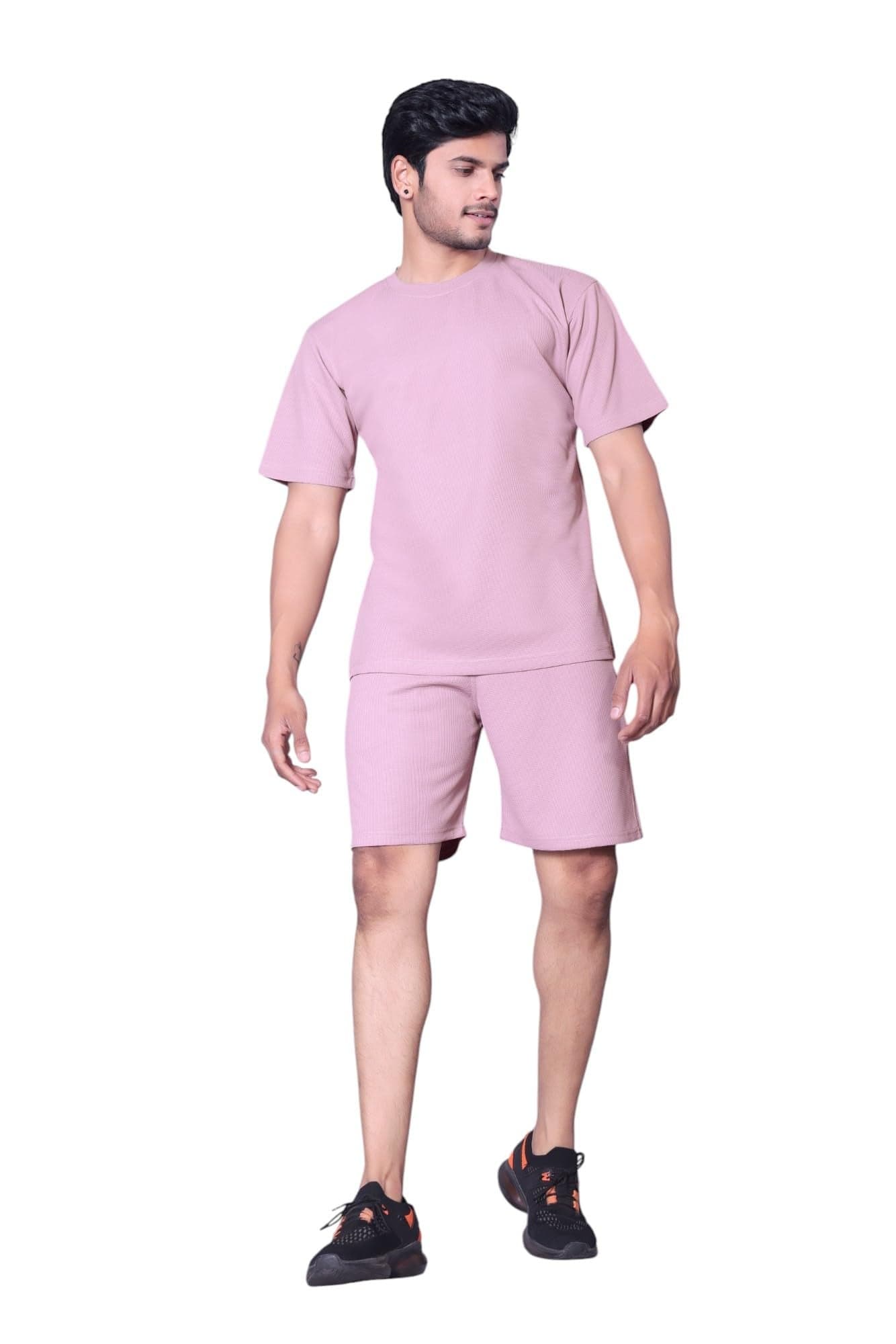 RynoGear Men's Jacquard Solid Regular Fit Co-Ord Set Of T-Shirt & Shorts For Night Dress,Sleepwear, Loungewear, Travelling & Vacation Outfit, Pink, Large