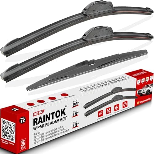 RAINTOK Windshield Wiper Blades Replacement for Hyundai Santa Fe 2013 2014 2015 2016 2017 2018 Hyundai Santa Fe XL Sport Original Factory Quality Front Rear Wipers Blade Set - 26" 14" 13" (Pack of 3)