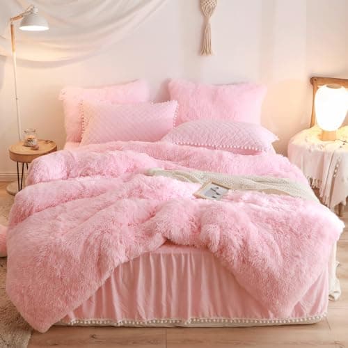 HAIHUA Fluffy Pink Comforter Cover Twin Set, Fuzzy Pink Girls Twin Bedding Set 2 Pieces (1 Plush Duvet Cover + 1 Furry Plush Pillow Cases) Girls Shaggy Bed Set, Zipper Closure