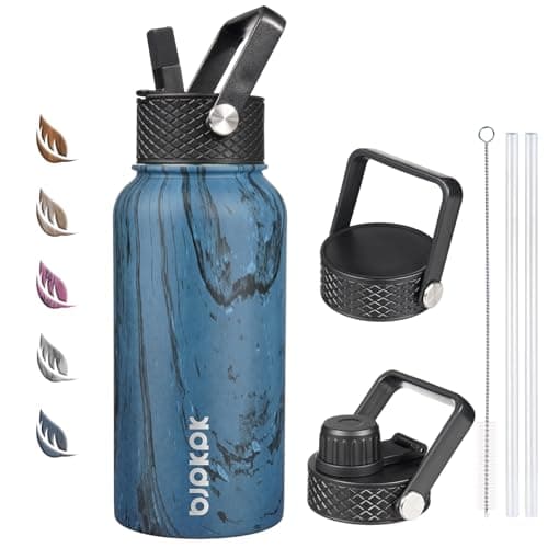 BJPKPK Insulated Water Bottles with Straw Lid 27oz Stainless Steel Water Bottle with 3 Lids Leak Proof BPA Free Metal Thermos Mugs Tumblers Keep Cold Hot Wood Prussian Blue