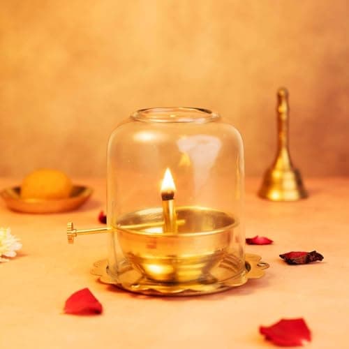 Swarajya India Brass Akhand Diya with Adjustable Screw & Borosilicate Glass Cover – 125ml | Long-Lasting Brass Diya for Pooja, Aarti, Temple & Home Mandir Use | Brass