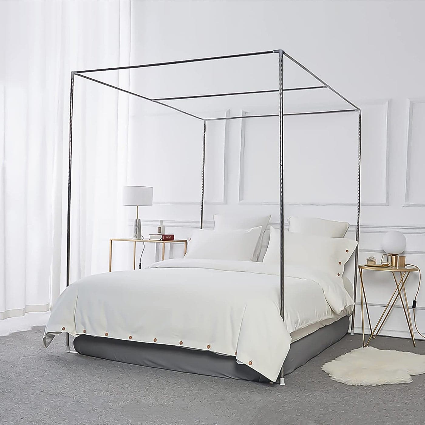 Foreate Canopy Bed Frame Stainless Steel Queen Size Bed Canopy Frame & Bed Poles, Fit for Four-Corner Bed and Mosquito Curtains, Queen (Silver)