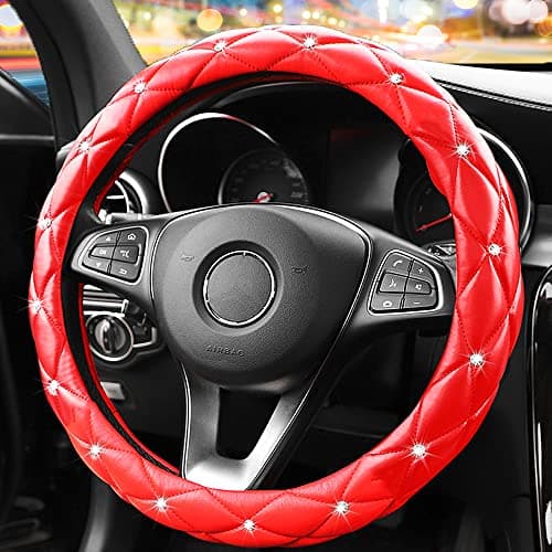 YOGURTCK Cute Diamond Soft Leather Anti-Slip Steering Wheel Cover with Bling Bling Crystal Rhinestones, Universal 15 Inch for Women Girls, Fit Vehicles, Sedans, SUVs, Vans, Trucks - Red