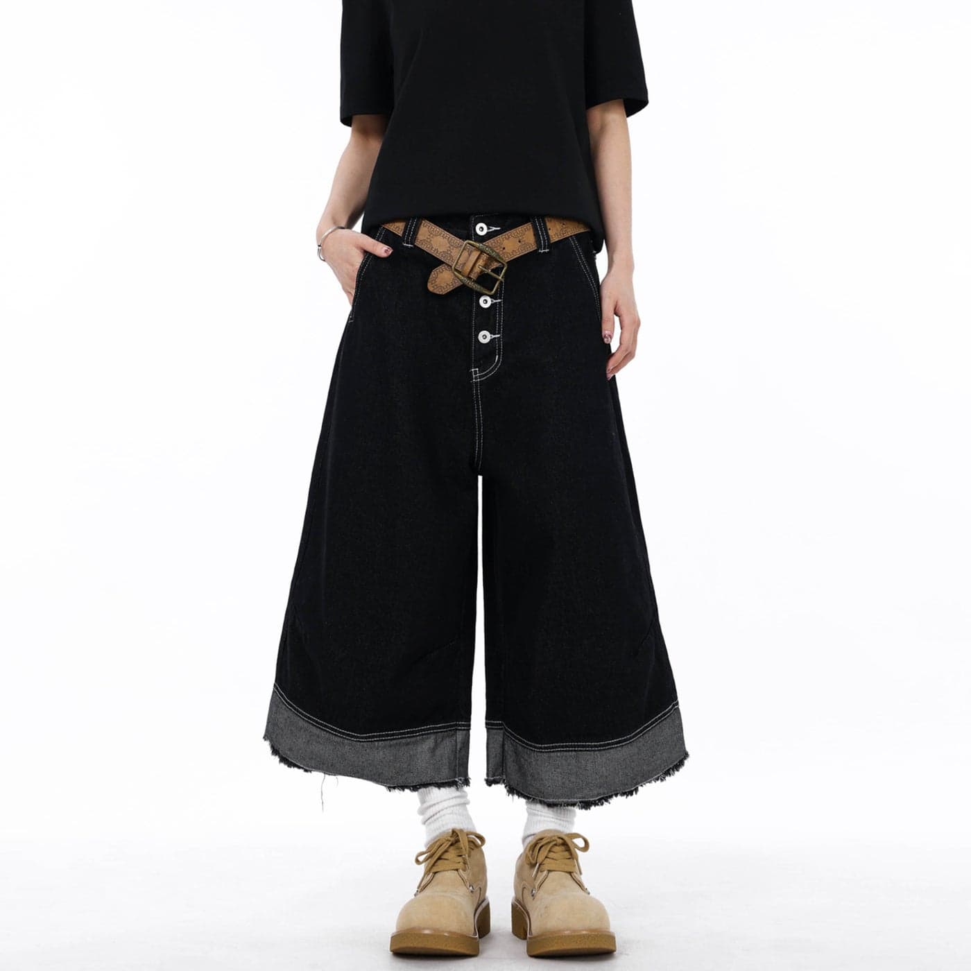 American Retro Black Multi-Pocket Raw Hem Denim Cropped Pants Unisex High-End Loose Casual Wide-Leg Trendy