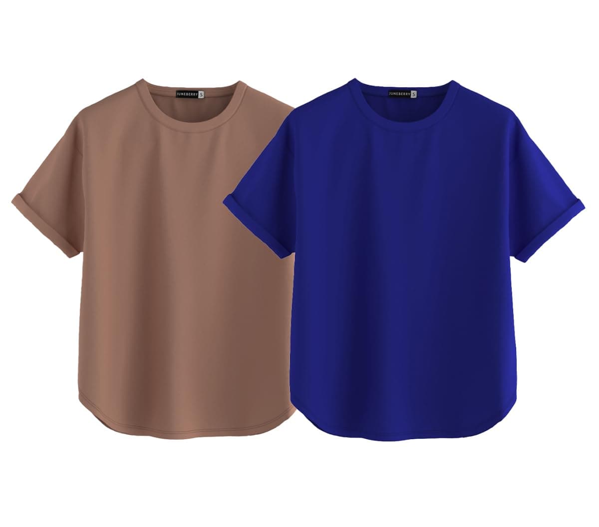 JUNEBERRY® Pure 100% Cotton Oversized Loose Baggy Fit Round Neck with Drop Shoulder Cork & Royal Blue Half Sleeves Boyfriend T-Shirt for Women & Girls (PO2_BF_46CR_39RB_S)