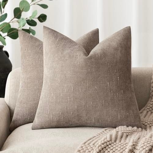 Foindtower Set of 2 Soft Textured Chenille Throw Decorative Pillow Covers Square Accent Solid Cushion Cover Cozy Neutral Farmhouse Pillow Case for Couch Sofa Bedroom Living Room 18x18 Inch,Light Taupe