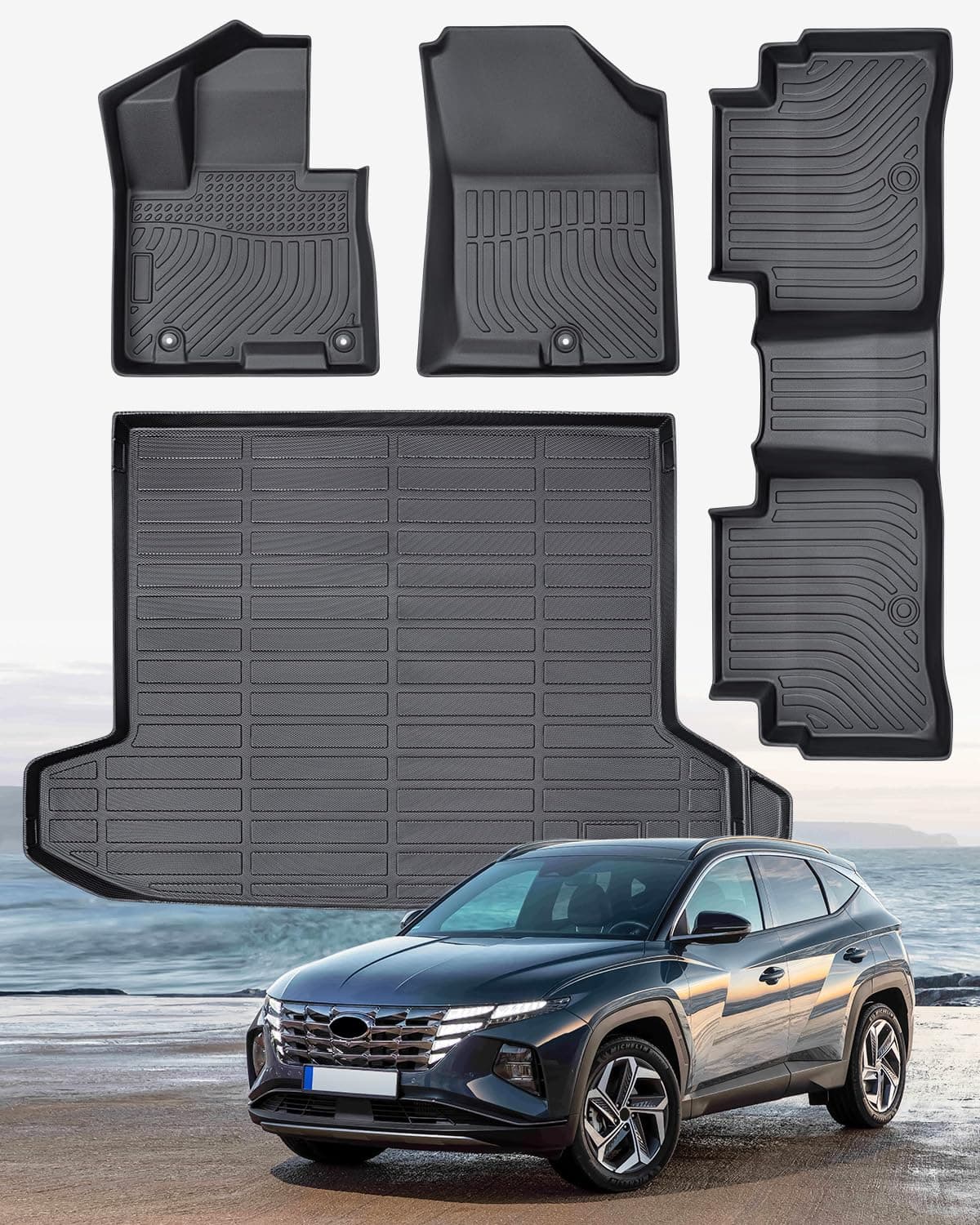 Weather Liner® Floor Mats for Hyundai Tucson 2025 2024 2023 2022 (Excluding Hybrid & PHEV) Custom Fit TPE All Weather Liner Set for Interior Protection: Heavy Duty Front, Rear, Trunk Mats