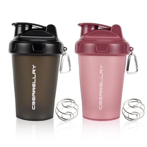 CREAWELLAY 2 Pack Shaker Bottles for Protein Mixes, 17 oz Small Protein Shaker Bottle with Handle, Gym Shaker Cups with Blending Ball for Pre Workout, BPA-Free & Dishwasher Safe (Black, Pink)
