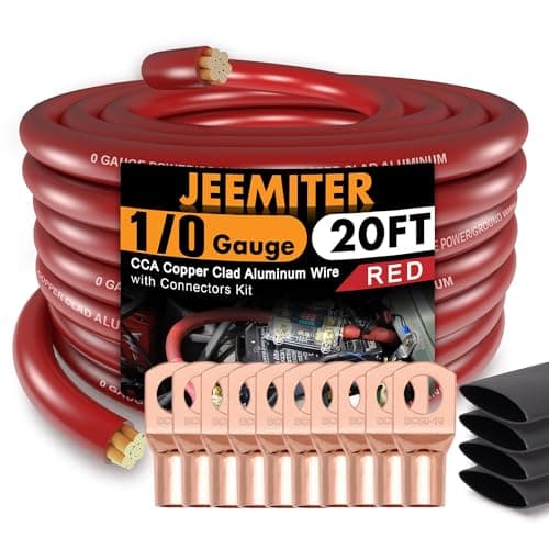1/0 Gauge Red CCA Wire (20ft Single Roll) - Replacement Power Cable for Car Amplifier, Battery, Big 3 Upgrade | with Terminals & Heat Shrink
