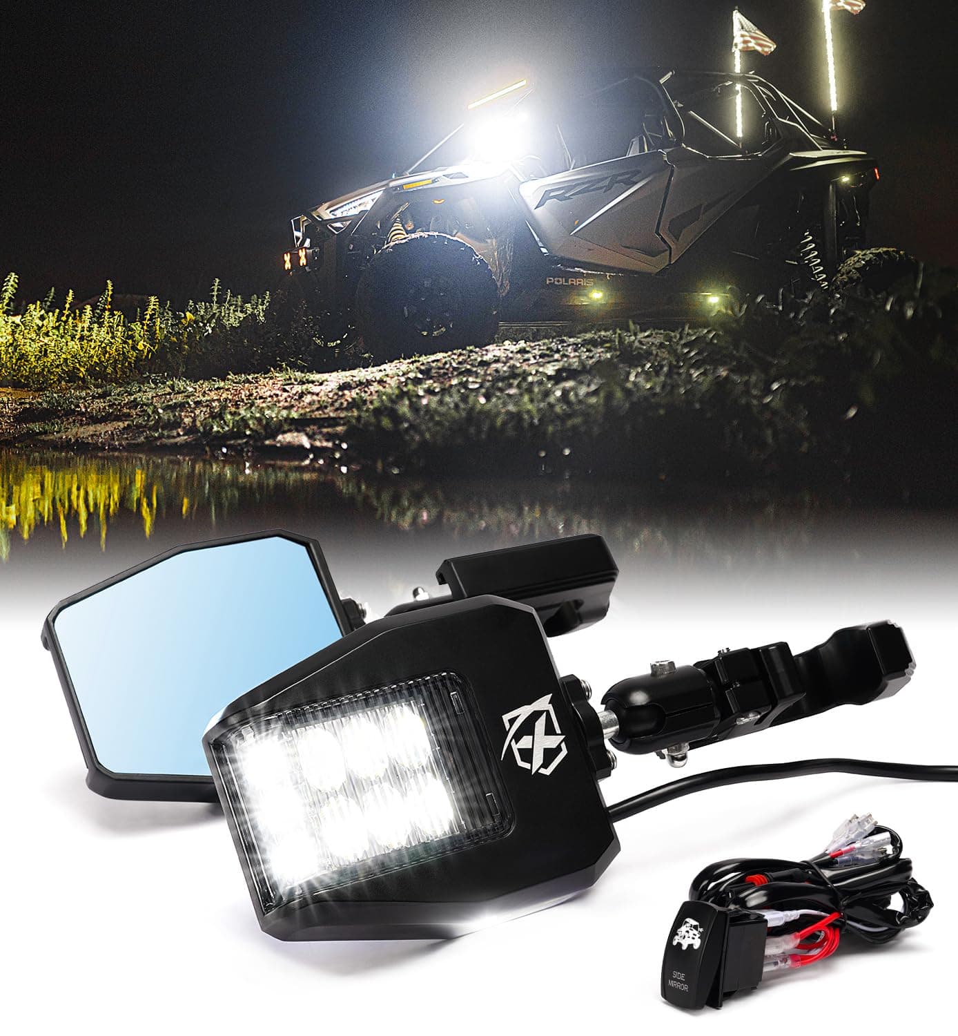Xprite UTV LED Side Rear View Mirrors Light Aluminum wPuddle Lights Fits 1752 Inch Roll Cage Bar for Polaris RZR Pioneer SXS CanAm X3 Kawasaki Teryx Mule Yamaha Rhino Wolverine