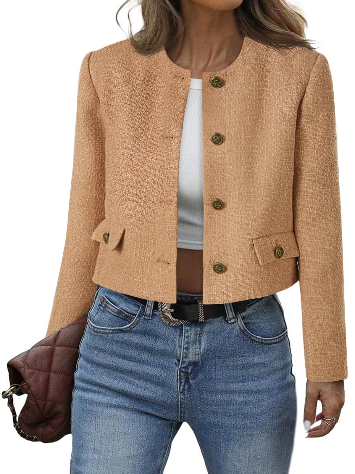 Cicy Bell Womens Cropped Tweed Blazer Collarless Button Down Bomber Jacket Business Casual Fall Outfits Brown