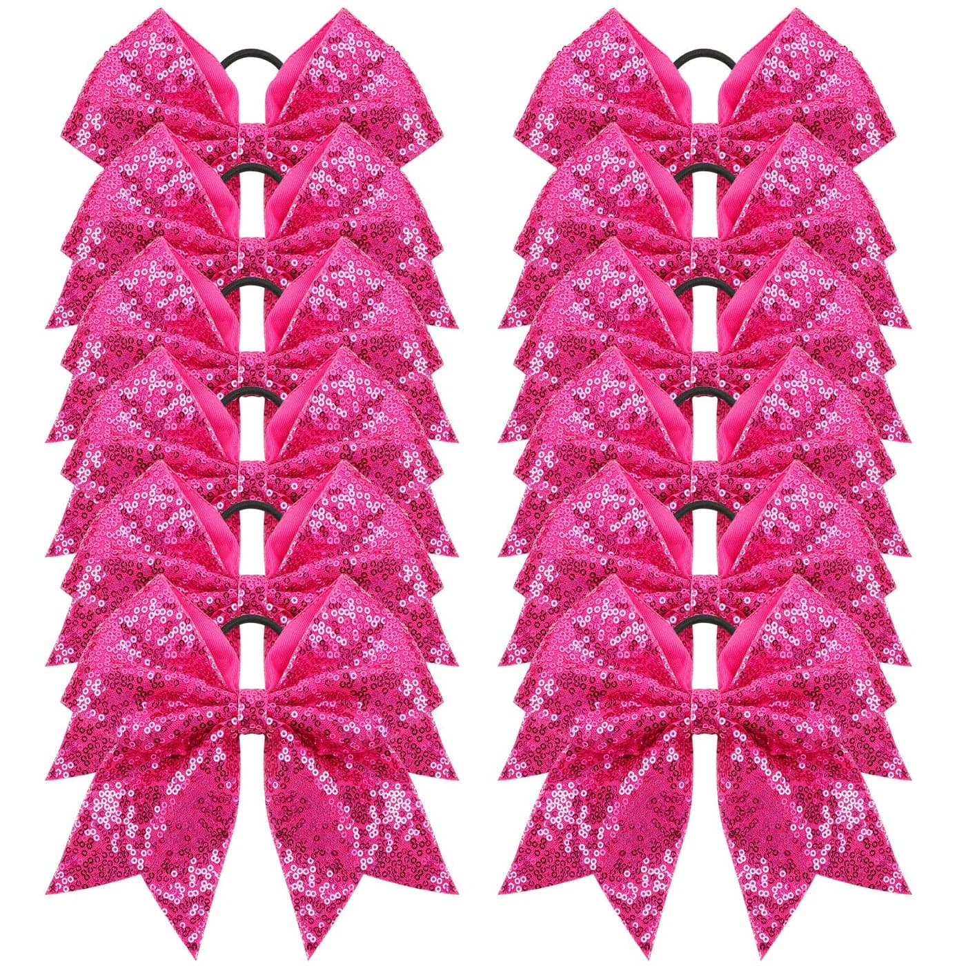 Oaoleer 12PCS 7 Large Glitter Cheer Hair Bows Ponytail Holder Elastic Band Handmade for Cheerleading Teen Girls College Sports Sequin Hot Pink 12PCS