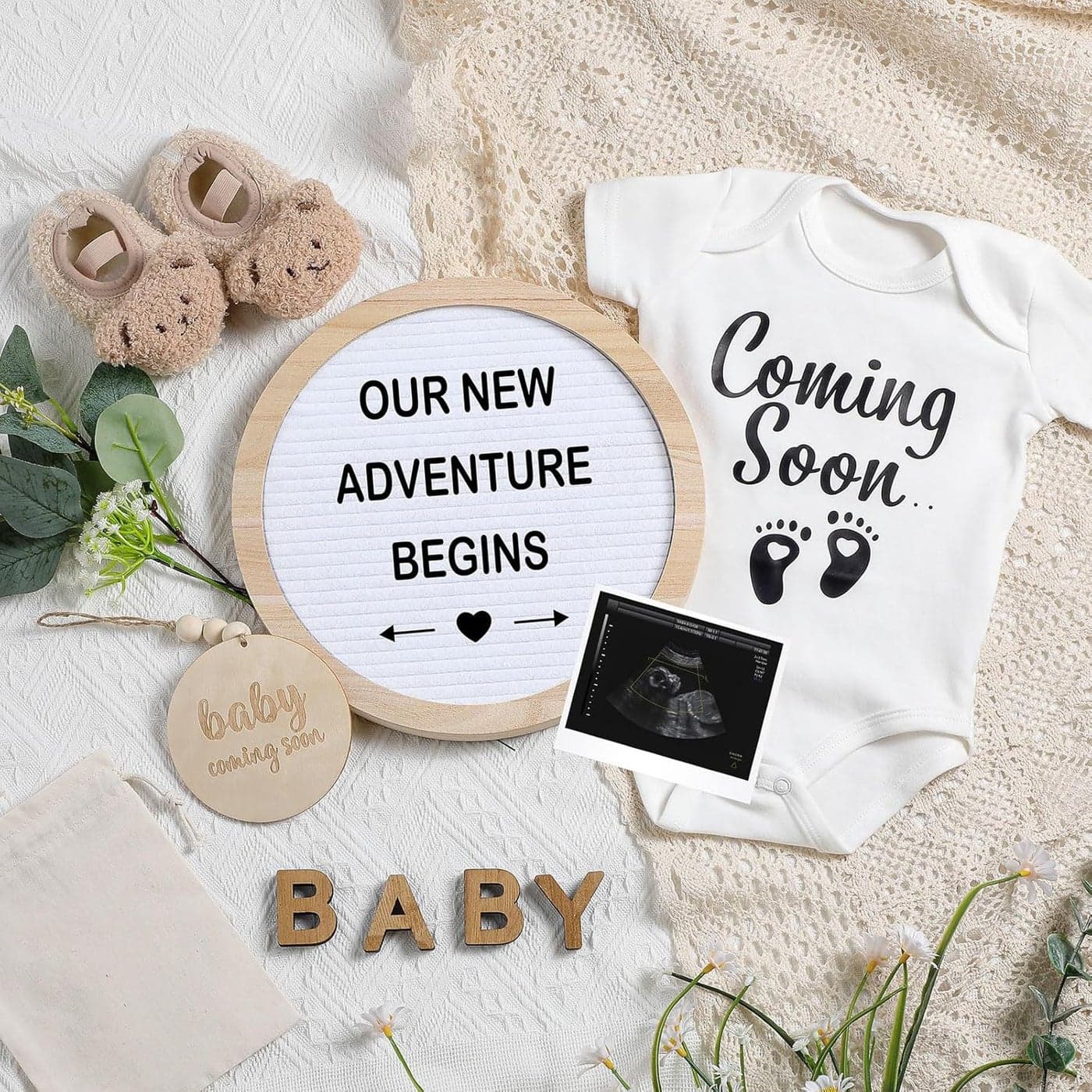 8 Pcs Pregnancy Announcement Set Pregnancy Reveal Ideas Include Felt Letter Round Board Kit Baby Bodysuit Booties Wood Blocks Wooden Signs for Coming Soon Baby AnnouncementWhite