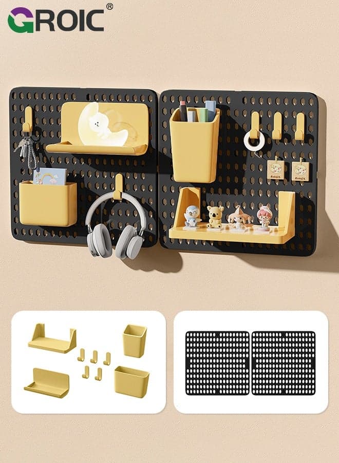 Pegboard Wall Organizer, 2PCS Black Boards with Hooks and Shelves, Duty Peg Board for Walls Home, Garage Tool Storage, Office Organization, Craft Room, Kitchen, Pegboard Combination Kit