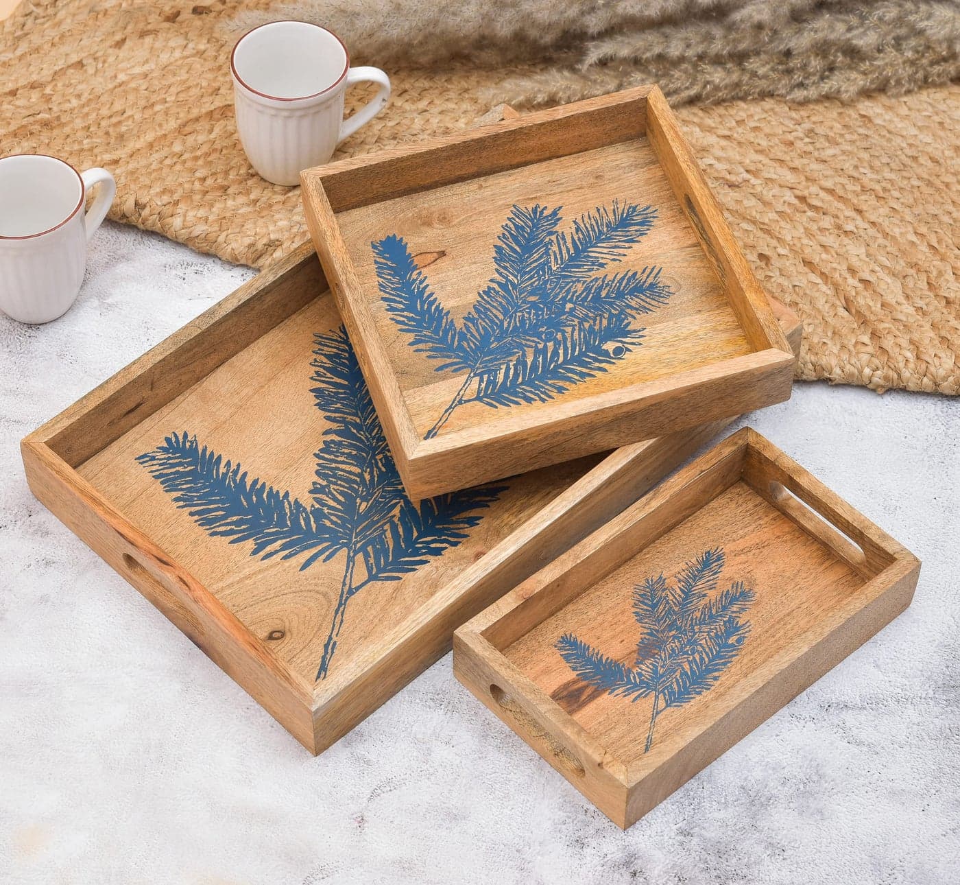 OGGN Blue Leaf Printed Wooden Serving Tray Set of 3, Handmade Wood Platter with Handles, Tea Breakfast Wood Plate, Trays for Kitchen, Dining Table (Pack of 3)