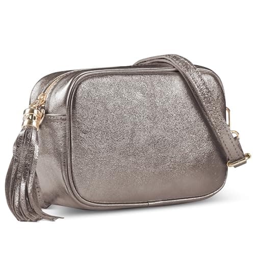 Italian Genuine Metallic Suede Crossbody Bag for Women with Zipper | Small Leather Camera Purse Shoulder Handbag Pocketbook (Metallic Bronze)