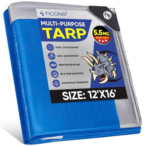 TICONN Heavy Duty Tarp Cover, Extra Thick Tarps Waterproof Tear and Rip Proof UV Resistant Tarpaulin with Reinforced Grommets and Edges (5.5 Mil, 12'x16')