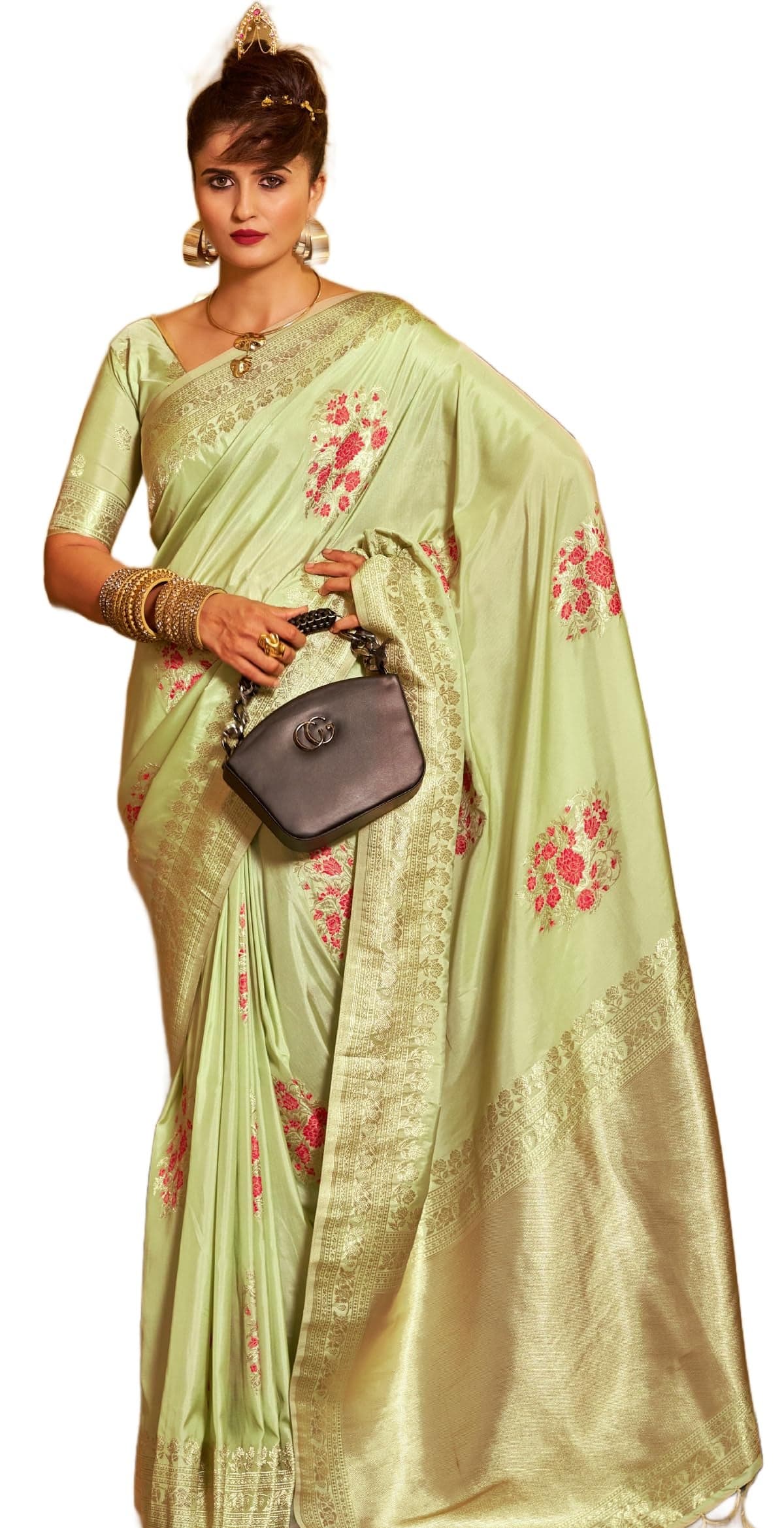 SWORNOF Women's Banarasi silk Saree With Unstitched Blouse Piece (PISTA)