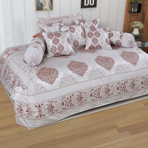 Victor Poly Cotton Styria Satin Geometrical Pattern Diwan Set - 8 Pcs (Greyish Beige, Bed Cover - 60"x90", 2 Bolsters - 16" x 32" & 5 Cushion Covers - 16" x 16")