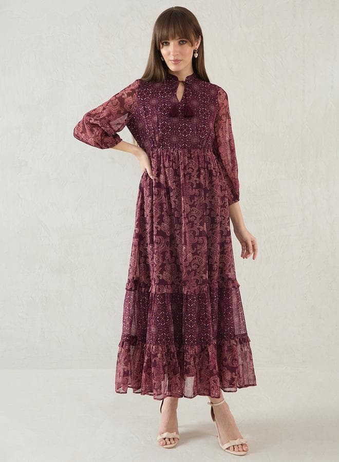 Wine Paisley Printed Tiered Maxi Dress