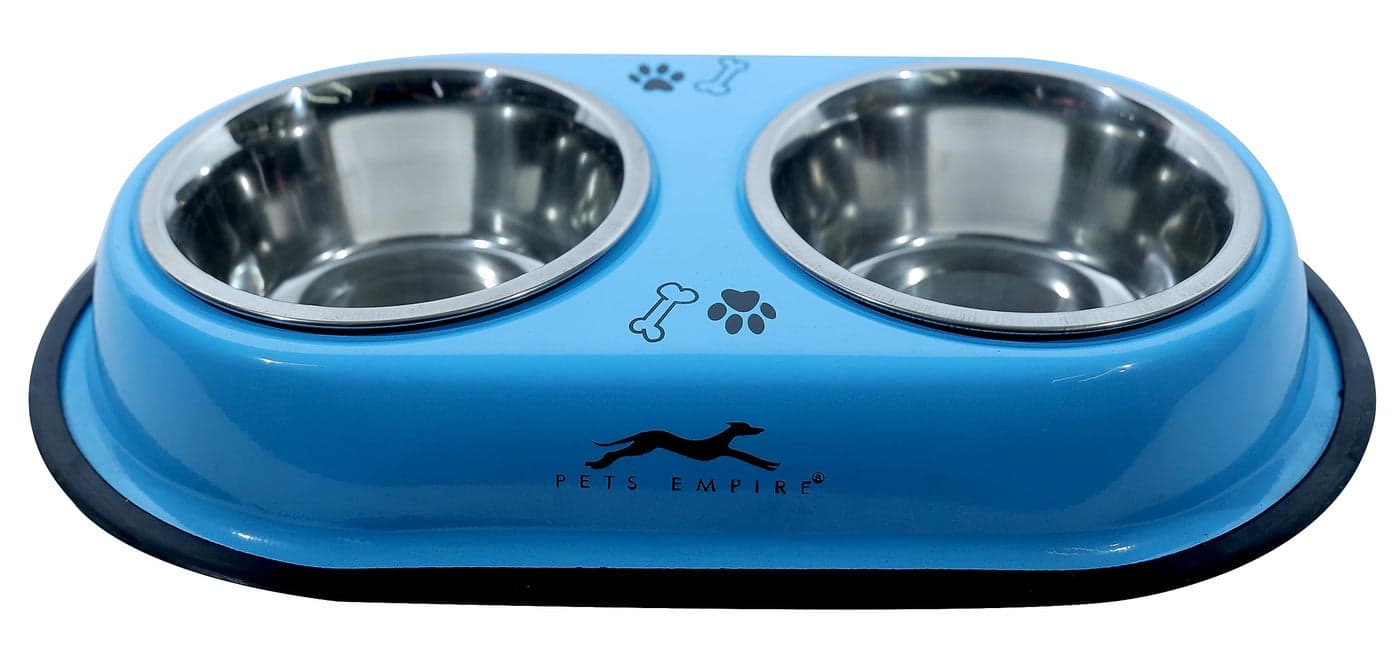 Pets Empire Dog Food Bowls, Feeder Double Diner Stainless Steel Pet Bowl, Utensils Bowl for Pets Feeding, Anti Slip Mat 2 X 200 ML (Blue)