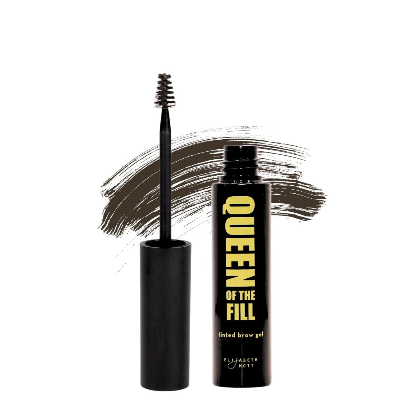 Elizabeth Mott Eyebrow Gel Makeup Queen of the Fill Brow Tint Volumizing Filler Setter WaterResistant LongLasting Covers Grays Defines Shapes CrueltyFree Dark Medium Brown 4g