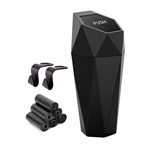 Car Trash Can Cup Holder, Ginsco Mini Car Trash Can with Lid, Car Accessories for Interior, Leakproof Small Trash Cup for Car, Home, Office, Bedroom with Additional 2 Hooks and 90pcs Trash Bags Black