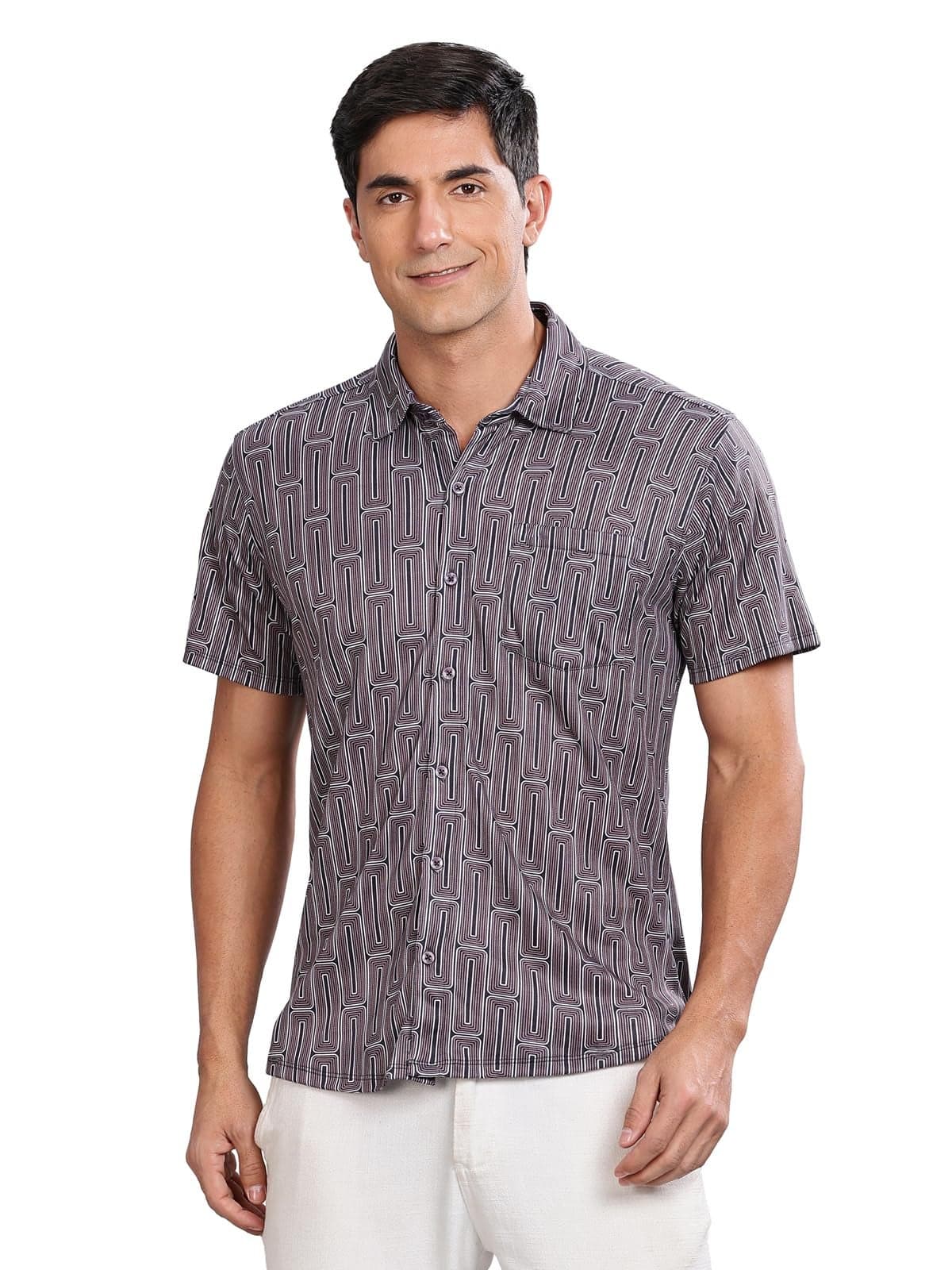 BULLMER Trendy Regular Fit Printed Half Sleeve Shirt for Men Brown Small