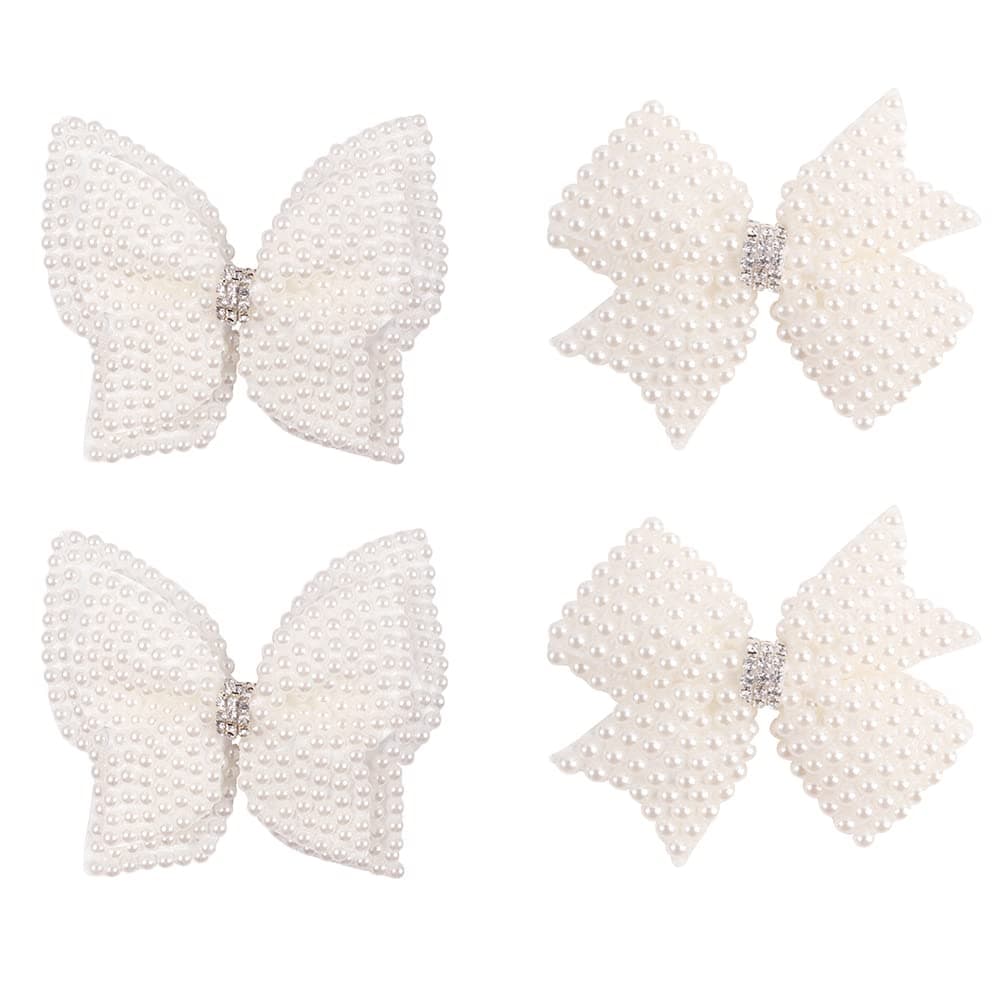 Double Layer Pearl Hair Bows for Girls White Butterfly Flower Alligator Hair Bow Clip Wedding Rhinestone Hair Accessories for Baby Infants Toddlers Kids Xmas Party Gifts 4 PCS H