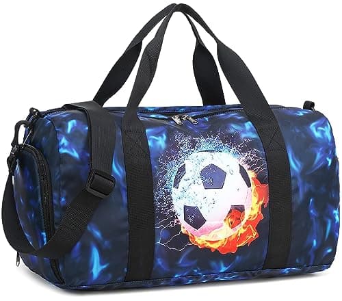 Kids Duffle Bag Boys Girls Overnight Travel Sport Gym Bag Weekender Carry On Shoulder Bag with Shoe Compartment & Wet Pocket (Soccer Black Blue)