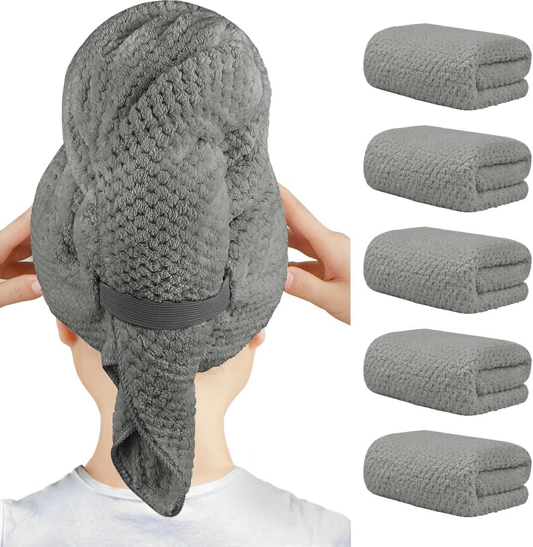 HOMEXCEL 5 Pack Large Microfiber Hair Towel Wrap for Women Grey 40 x 20 inches Super Soft Fast Drying Turbans for Long Thick Curly Hair Anti Frizz Wrap with Elastic Strap