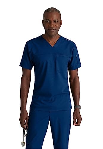 BARCO Grey’s Anatomy Spandex Stretch Direct Rapid Scrub Top for Men – Indigo, 4-Pocket V-Neck Shirt w/Spandex Stretch, Wrinkle Release & Soil Release Fabric – XS, Regular Fit