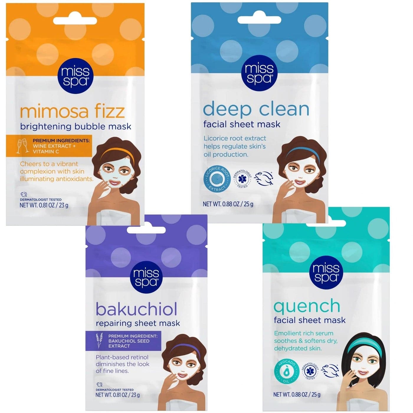 MISS SPA Face Mask Skin Care Set for Women Deep Clean Face Mask Quench Mimosa fizz Bakuchiol Facial Sheet Mask AntiAging AntiWrinkle Hydrating Face Mask Skin Care 4Pack