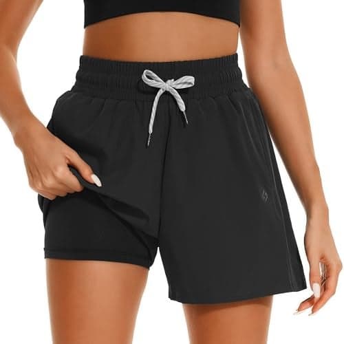 HODOSPORTS Women's 4'' Swim Shorts Quick Dry Board Shorts with Boxer Liner Pockets Swimsuit Bottoms Black M