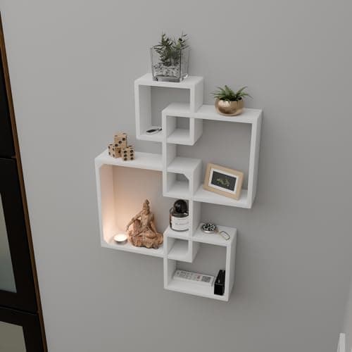 Etiquette Art Engineered Wood Floating Cube Shelves - Intersecting Wall Mounted Box Shelves for Bedrooms, Living Rooms & More - Set of 4 (White)