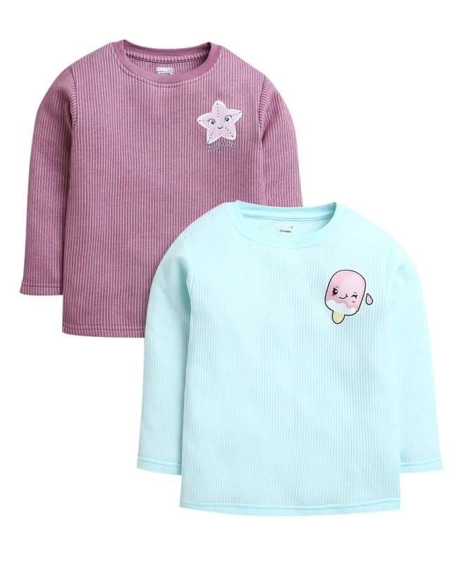 BUMZEE Sky Blue & Mauve Girls Full Sleeves Cotton Thermal T-Shirts Pack of 2 Age - 5-6 Years (Peb9625I-sbl.muv)