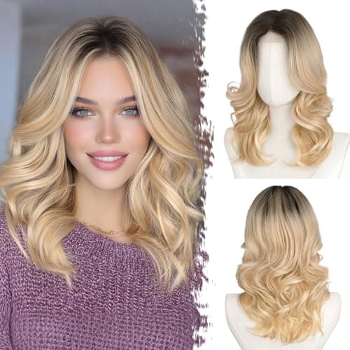 BARSDAR Short Wavy Layered Blonde Ombre Wig Shoulder Length Wavy Ombre Blonde Wigs for Women Short Body Wave Layered Wig with FaceFraming Curtain Bangs Soft Synthetic Natural Looking Daily Party