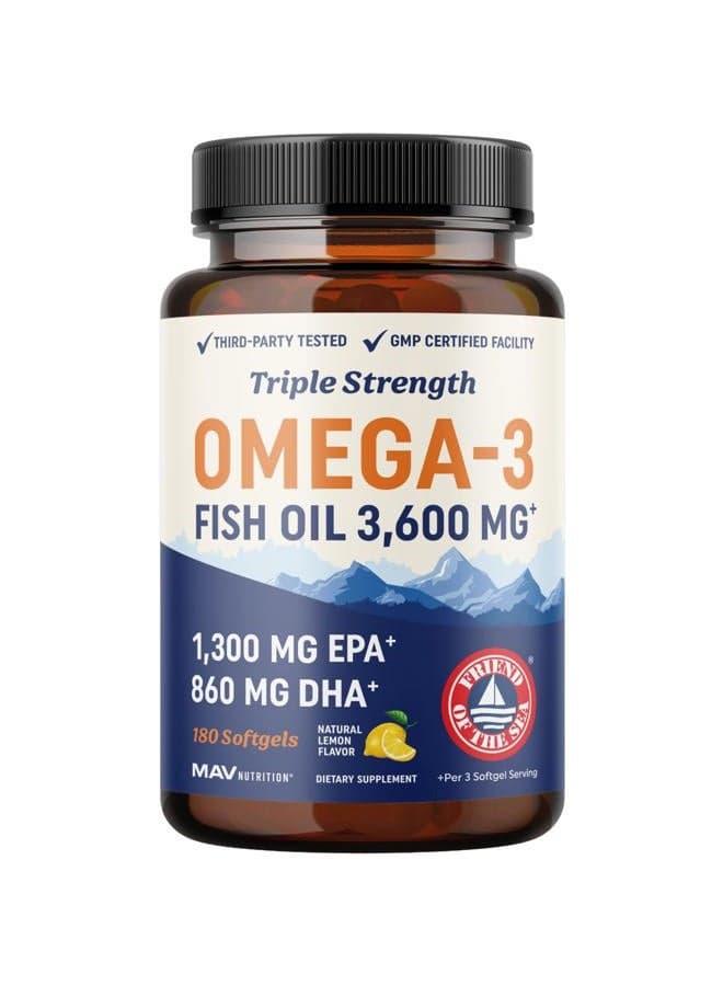Triple Strength Omega 3 Fish Oil 3600 mg | EPA & DHA | Over 2100mg of Omega-3 Fatty Acids | Over 1300mg EPA + 860mg DHA | Best Essential Fatty Acids | Premium Burpless Softgel Supplements (180 Ct)