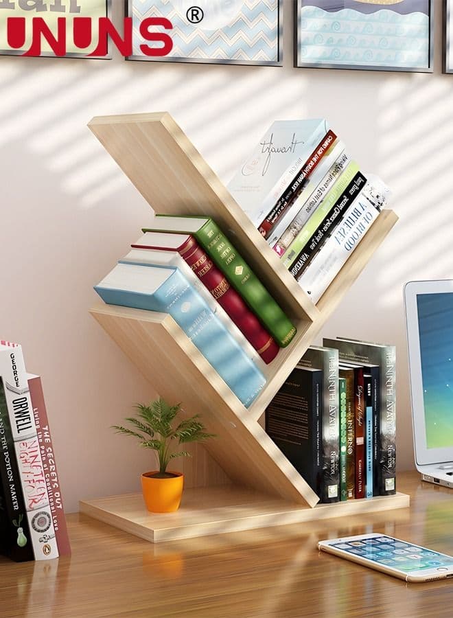 Desktop Bookshelf,3-Shelf Tree Bookshelf Organizer,Floor Standing Bookcase,Wood Bookcase For Office Home School,(31 * 17 40.5CM(Light Walnut)